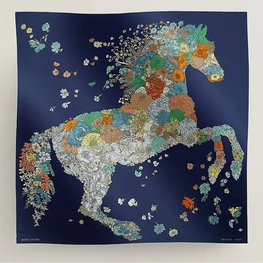 Hermes Shawl Scarf Robe Legere Stole Navy Floral Animal Silk Auth New Carre 140